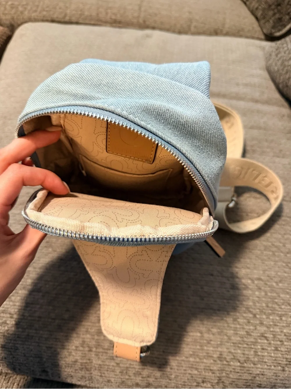 True Religion Light Denim Sling Bag with Tan Strap